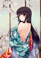 Rule 34 | 1girl, bare back, black eyes, black hair, dated, highres, hime cut, japanese clothes, kimono, long hair, looking at viewer, looking back, off shoulder, shoulder blades, signature, smile, solo, toyozero, branch, undressing, upper body, very long hair