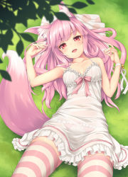 Rule 34 | 1girl, animal ear fluff, animal ears, babydoll, bell, blush, bow, bow panties, breasts, camisole, chemise, cowboy shot, crotchless, crotchless panties, female focus, fox ears, fox tail, grass, highres, jingle bell, long hair, looking at viewer, lying, on back, open mouth, original, outdoors, panties, pillow, pink hair, pink panties, pink thighhighs, red eyes, sasaame, see-through, small breasts, smile, solo, striped clothes, striped thighhighs, tail, thighhighs, underwear, white thighhighs
