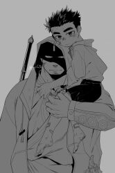 Rule 34 | 2boys, aged down, bandaid, bandaid on cheek, bandaid on face, bandaid on leg, bara, beads, bruise, carrying, carrying person, eyes in shadow, facial hair, goatee, grey background, greyscale, hood, hood up, hooded jacket, houzouin oniwaka, injury, jacket, japanese clothes, kan (pyy c12), kimono, long sideburns, looking at viewer, male focus, monochrome, multiple boys, muscular, muscular male, open clothes, open jacket, polearm, prayer beads, protagonist 3 (housamo), short hair, shorts, sideburns, simple background, stubble, stuffed animal, stuffed toy, tassel, thick eyebrows, tokyo houkago summoners, twitter username, upper body, weapon