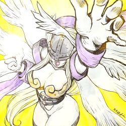 Rule 34 | 1girl, angel, angewomon, belt, blonde hair, breasts, cleavage, covered eyes, digimon, head wings, hidden eyes, huge breasts, large breasts, mask, multiple wings, o-ring, o-ring belt, official art, open mouth, outstretched arm, serious, signature, watanabe kenji, wide hips, wings
