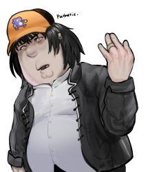 Rule 34 | 1boy, absurdres, black hair, black jacket, character request, chris griffin, cleft chin, copyright request, cosplay, double chin, earrings, family guy, fat, fat man, highres, hoop earrings, jacket, jewelry, kowai (iamkowai), male focus, orange headwear, red eyes, ring, sanic, shirt, simple background, solo, white background, white shirt