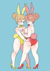 Rule 34 | 2girls, animal ears, aqua eyes, ass, ass grab, bare shoulders, blonde hair, blush, bow, bowtie, grabbing another&#039;s breast, breasts, detached collar, fake animal ears, fake tail, grabbing, hair bun, high heels, highres, large breasts, leotard, multiple girls, nipples, no mouth, original, panoramango, pink hair, playboy bunny, rabbit ears, rabbit tail, red footwear, red leotard, red neckwear, single hair bun, tail, yellow bow, yellow footwear, yellow leotard, yellow neckwear, yuri