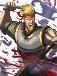 Rule 34 | 1boy, absurdres, armor, axe, bandana, blonde hair, blood, chainmail, dual wielding, fighting stance, highres, holding, male focus, siorudo origin, thorkell, tunic, viking, vinland saga, weapon