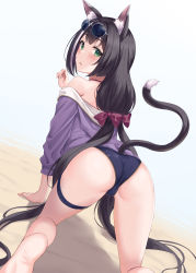 Rule 34 | 1girl, absurdres, all fours, animal ear fluff, animal ears, ass, bare shoulders, barefoot, black hair, black panties, bow, cat ears, cat girl, cat tail, eyewear on head, feet, from behind, green eyes, hair bow, highres, jacket, karyl (princess connect!), karyl (summer) (princess connect!), long sleeves, looking back, multicolored hair, off shoulder, panties, parted lips, princess connect!, purple jacket, rama (yu-light8), round eyewear, simple background, solo, streaked hair, sunglasses, tail, tail raised, thigh strap, thighs, underwear, white background