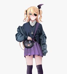 Rule 34 | 1girl, alternate costume, asymmetrical bangs, bag, blonde hair, blush, closed mouth, collared shirt, crossed bangs, curly hair, eyepatch, fischl (genshin impact), genshin impact, green eyes, hair between eyes, hair ornament, handbag, highres, hyafumi, jewelry, long hair, looking at viewer, loose clothes, nail polish, necklace, oversized clothes, oversized shirt, oz (genshin impact), pin, purple nails, ribbon, shirt, simple background, skirt, sleeves past fingers, sleeves past wrists, solo, sweater, thighhighs, twintails, white background, zettai ryouiki