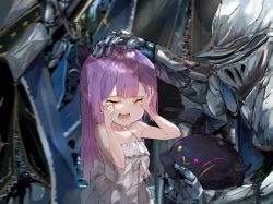 Rule 34 | 1girl, age difference, aged down, armor, armpit crease, bare shoulders, child, crying, dress, funi mu9, hat, headpat, helmet, highres, hololive, knight, medium hair, multiple others, open mouth, purple hair, standing, straight hair, surrounded, tears, tokoyami towa, unworn hat, unworn headwear, virtual youtuber