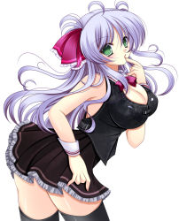 Rule 34 | 1girl, bare shoulders, black thighhighs, blush, bow, braid, breasts, cleavage, female focus, finger to mouth, green eyes, hair ornament, hiyori-o, large breasts, leaning forward, light purple hair, long hair, looking at viewer, original, ribbon, silver hair, simple background, single braid, skirt, solo, standing, thighhighs, thighs, white background