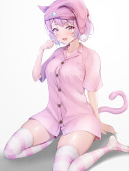 Rule 34 | 1girl, absurdres, animal ears, cat ears, cat tail, chokoboll, collared shirt, eyebrows hidden by hair, final fantasy, final fantasy xiv, hand on floor, highres, looking at viewer, miqo&#039;te, pink eyes, pink hair, pink headwear, pink shirt, shirt, short hair, simple background, sitting, skindentation, solo, striped clothes, striped thighhighs, tail, thighhighs, wariza, warrior of light (ff14), white background