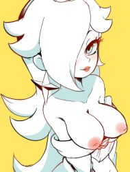 Rule 34 | 1girl, bare shoulders, blush, breasts, breasts out, collarbone, dress, earrings, eyelashes, hair over one eye, hearlesssoul, highres, inverted nipples, jewelry, large breasts, lips, long hair, looking at viewer, mario (series), nintendo, parted lips, puffy nipples, rosalina, seductive smile, simple background, smile, solo, spot color, star (symbol), star earrings, super mario galaxy, upper body, yellow background