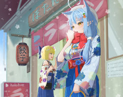 Rule 34 | 2girls, absurdres, ahoge, animal ear fluff, animal ears, bag, bangom r, blue bow, blue hair, blue hakama, blue kimono, blush, bow, breasts, cat ears, character hair ornament, floral print, green eyes, hair bow, hair ornament, hairclip, hakama, hakama skirt, hand up, hat, highres, holding, hololive, japanese clothes, kimono, large breasts, long hair, long sleeves, looking away, momosuzu nene, momosuzu nene (new year), multiple girls, nekko (momosuzu nene), open mouth, outdoors, pointy ears, print kimono, red scarf, scarf, short hair, shoulder bag, skirt, snowing, translation request, virtual youtuber, white headwear, white kimono, yellow eyes, yukihana lamy, yukihana lamy (new year)
