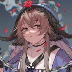 Rule 34 | 1girl, arknights, black gloves, blue headwear, brown hair, chain, eyelashes, falling petals, flower, gloves, grey eyes, highres, holding, holding chain, kagerou qing, long hair, pallas (arknights), parted lips, petals, red flower, red rose, rose, solo, veil