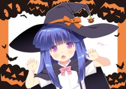 Rule 34 | 1girl, :o, bat (animal), black cape, blue hair, blunt bangs, bow, bowtie, cape, claw pose, commentary request, eyes visible through hair, fang, furude rika, gao, gaou (babel), halloween, hat, hat ribbon, higurashi no naku koro ni, jack-o&#039;-lantern, long hair, looking at viewer, orange ribbon, outline, pink bow, pink bowtie, purple eyes, ribbon, shirt, short sleeves, sidelocks, solo, suspenders, translated, white outline, white shirt, witch hat