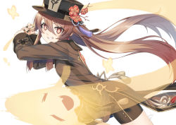 Rule 34 | 1girl, :d, black hat, black nails, black shorts, brown hair, brown jacket, closed eyes, commentary request, fang, flower, flower-shaped pupils, frills, genshin impact, ghost, grin, hair between eyes, hat, hat flower, hu tao (genshin impact), jacket, long hair, long sleeves, looking at viewer, miri (ago550421), nail polish, open mouth, red eyes, red flower, short shorts, shorts, signature, simple background, sleeves past wrists, smile, solo, symbol-shaped pupils, twintails, very long hair, white background