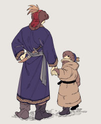 Rule 34 | 2boys, belt, black eyes, blue headwear, boots, brown headwear, child, coat, covered mouth, dagger, eyeliner, facing away, from behind, fur coat, fur hat, gloves, grey background, hand on own hip, hat, hat feather, height difference, highres, holding hands, hood, hood down, hooded coat, kenkon no washi, knife, li sakura, long sleeves, looking at another, looking to the side, looking up, makeup, male focus, multiple boys, pants, pants tucked in, red headwear, robe, sash, simple background, weapon, weapon on back