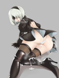Rule 34 | 1girl, ass, back, black dress, black footwear, black thighhighs, blindfold, boots, cum, cum on ass, cum on clothes, dress, facial, feather-trimmed sleeves, hairband, high heel boots, high heels, highres, looking back, nier:automata, nier (series), onaka07ka, panties, solo, thigh boots, thighhighs, underwear, white hair, 2b (nier:automata)