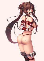 Rule 34 | 1girl, absurdres, ass, bdsm, between buttocks, bit gag, black thighhighs, blindfold, bondage, bound, breasts, brown hair, butt crack, gag, gagged, grey hair, highres, kaddo, kantai collection, long hair, nipples, nude, pink eyes, restrained, rope, sideboob, solo, tape, thigh strap, thighhighs, very long hair, yamato (kancolle)