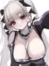 Rule 34 | 1girl, azur lane, between breasts, black dress, blurry, bow, breasts, cleavage, clothing cutout, depth of field, detached collar, dress, formidable (azur lane), g home, grey hair, grin, hair bow, highres, large breasts, long hair, long sleeves, looking at viewer, outstretched arm, red eyes, shoulder cutout, smile, solo, twintails, unfinished, upper body
