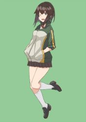 Rule 34 | 1girl, ;d, black footwear, black hair, black skirt, full body, green background, grey eyes, gym shirt, hands in pockets, hayasui (kancolle), jacket, kantai collection, kneehighs, leg up, loafers, matsutani, miniskirt, one eye closed, open mouth, pleated skirt, shirt, shoes, short hair, simple background, skirt, smile, socks, solo, teeth, track jacket, upper teeth only, white socks