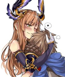 Rule 34 | 1boy, 1girl, bare shoulders, between breasts, blush, breast smother, breasts, brown hair, cape, commentary, elbow gloves, face to breasts, gloves, gran (granblue fantasy), granblue fantasy, green eyes, head hug, heart, horns, hug, large breasts, long hair, looking at another, looking down, one eye closed, sanmoto gorouzaemon, simple background, smile, speech bubble, spoken heart, tweyen (granblue fantasy), white background