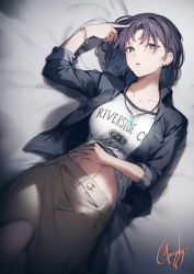 Rule 34 | 1girl, asakura toru, bed sheet, black hair, black jacket, blue eyes, brown skirt, clothes lift, clothes writing, collarbone, commentary request, ear piercing, genyaky, hand on own stomach, highres, idolmaster, idolmaster shiny colors, jacket, jewelry, lifting own clothes, long sleeves, looking at viewer, lying, midriff peek, navel, on back, open clothes, open jacket, parted lips, pendant, piercing, shirt, shirt lift, short hair, signature, skirt, sleeves rolled up, solo, stomach, white shirt, wristband