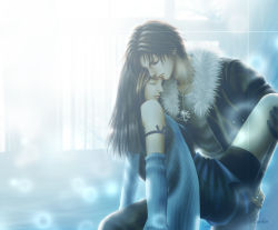 Rule 34 | 1990s (style), 1boy, 1girl, arm warmers, bike shorts, brown hair, carrying, couple, closed eyes, final fantasy, final fantasy viii, fur collar, gloves, hetero, streaked hair, jacket, jewelry, kimikahamu, multicolored hair, necklace, princess carry, rinoa heartilly, scar, squall leonhart