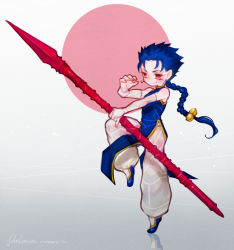 Rule 34 | 1boy, bad id, bad pixiv id, blue hair, chibi, chinese clothes, cu chulainn (fate), cu chulainn (fate/stay night), earrings, fate/stay night, fate (series), gae bolg (fate), jewelry, long hair, male focus, medemoisellecu, polearm, ponytail, red eyes, refection, reflection, simple background, slippers, smile, solo, spear, weapon