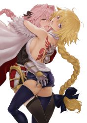 Rule 34 | 1boy, 1girl, ass grab, astolfo (fate), back tattoo, backless outfit, blush, bow, braid, breast press, breasts, cape, fang, fate/grand order, fate (series), fur trim, gauntlets, hair bow, half-closed eyes, hetero, highres, hug, jeanne d&#039;arc (fate), jeanne d&#039;arc (ruler) (fate), large breasts, looking at viewer, naughty face, nekoi mie, open mouth, pink hair, purple eyes, shorts, sideboob, skin fang, smile, tattoo, thighhighs, trap