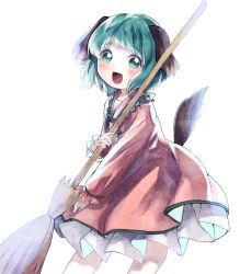 Rule 34 | 1girl, :d, animal ears, bamboo broom, broom, dog ears, dog tail, dress, floppy ears, green eyes, green hair, highres, kasodani kyouko, open mouth, sanso, short hair, smile, solo, tail, touhou, white background