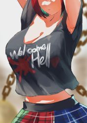 Rule 34 | 1girl, armpit peek, blurry, blurry background, blush, breast focus, breasts, cleavage, head out of frame, hecatia lapislazuli, highres, large breasts, loose clothes, loose shirt, red hair, shirt, solo, teruteru12, touhou