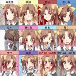 Rule 34 | 10s, 1girl, ahoge, anger vein, bad id, bad pixiv id, blouse, blush, brown hair, collared shirt, crying, expressions, facial expressions, flower, flying sweatdrops, hair ornament, hair ribbon, heart, highres, index fingers together, kagerou (kancolle), kantai collection, laughing, long hair, michimaru (michi), multiple girls, multiple views, open mouth, personification, purple eyes, ribbon, scared, school uniform, shirt, smile, sweatdrop, tears, thought bubble, translation request, twintails, weapon, white shirt
