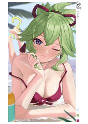 Rule 34 | 1girl, ?, absurdres, bare arms, bare shoulders, beach, bikini, border, bottle, breasts, character name, cleavage, commentary request, genshin impact, green hair, haerge, highres, kuki shinobu, large breasts, lying, on stomach, one eye closed, page number, ponytail, purple eyes, red bikini, short hair, solo, strap slip, swimsuit, water bottle, white border