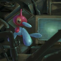 Rule 34 | commentary request, computer, creatures (company), crt, disembodied head, floating, game freak, gen 4 pokemon, highres, indoors, industrial pipe, nintendo, no humans, pokemon, pokemon (creature), porygon-z, ringed eyes, sakusakufugashi, valve, yellow eyes