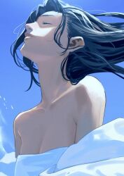 Rule 34 | 1girl, bani-lizo, bare shoulders, blue background, blue sky, blue theme, breasts, cleavage, closed eyes, collarbone, day, facing up, floating hair, highres, light smile, long hair, original, parted lips, shawl, sky, small breasts, solo, strapless, sunlight, upper body