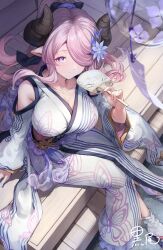 Rule 34 | 1girl, absurdres, animal print, black horns, blacktail hihi, blue eyes, breasts, butterfly print, closed mouth, draph, flower, granblue fantasy, hair flower, hair ornament, hair over one eye, hand fan, highres, holding, holding fan, horns, japanese clothes, kimono, large breasts, looking at viewer, narmaya (granblue fantasy), official alternate costume, pink hair, pointy ears, print kimono, sitting, smile, solo, white kimono, wide sleeves, yukata