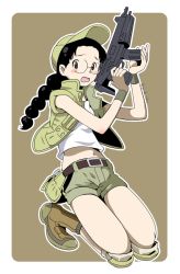 Rule 34 | 10s, 1girl, baseball cap, belt, black hair, blush stickers, boots, braid, brown background, brown eyes, brown footwear, brown hat, brown jacket, brown shorts, cosplay, fanny pack, fio germi, fio germi (cosplay), found glasses, fukuda haru, full body, girls und panzer, gun, hat, highres, holding, holding weapon, jacket, knee pads, kneeling, long hair, looking at viewer, metal slug, midriff, navel, open mouth, outside border, parda siko, parted bangs, round eyewear, shirt, short shorts, short sleeves, shorts, solo, submachine gun, twin braids, twintails, wavy mouth, weapon, weapon request, white shirt, wristband