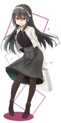 Rule 34 | 10s, 1girl, :d, absurdres, anchor, arms behind back, bag, black hair, black pantyhose, boots, bow, brown eyes, contrapposto, full body, grey hair, grey skirt, hair between eyes, hair bow, hair ornament, hairband, hairclip, haruna (kancolle), heart, highres, holding, holding bag, jacket, jewelry, kantai collection, long hair, long sleeves, looking at viewer, mitsukoshi (department store), necklace, open mouth, pantyhose, paper bag, round teeth, shopping bag, skirt, smile, solo, standing, teeth, yuki (yukin0128)
