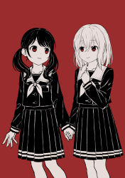 Rule 34 | 2girls, bang dream!, closed mouth, eye contact, futaba tsukushi, hair between eyes, hand up, holding hands, kurata mashiro, long hair, long sleeves, looking at another, monochrome, multiple girls, neckerchief, parted lips, pleated skirt, red background, red eyes, saiko dagashi, sailor collar, school uniform, serafuku, shirt, simple background, skirt, smile, standing, twintails