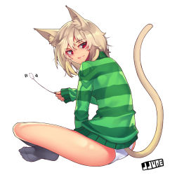 Rule 34 | 1girl, animal ears, ass, bad id, bad pixiv id, blonde hair, cat ears, cat tail, cattail, indian style, jjune, long sleeves, looking at viewer, looking back, no pants, original, panties, plant, red eyes, sitting, slit pupils, solo, sweater, tail, turtleneck, underwear, white panties