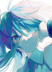 Rule 34 | 1girl, a7mber, absurdres, aqua eyes, aqua hair, aqua theme, bare shoulders, bloom, collared shirt, colored eyelashes, commentary, detached sleeves, floating hair, hair ornament, hand up, hatsune miku, highres, limited palette, looking at viewer, messy hair, necktie, parted lips, portrait, shirt, sidelighting, sideways glance, signature, sleeveless, sleeveless shirt, solo, twintails, uneven eyes, vocaloid, white background