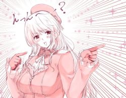 Rule 34 | 10s, 1girl, :d, ?, atago (kancolle), bad id, bad twitter id, beret, blush, breasts, emphasis lines, frilled sleeves, frills, gloves, hat, kantai collection, keionism, kerchief, large breasts, long hair, military, military uniform, monochrome, open mouth, pointing finger, simple background, smile, solo, sparkle, uniform, upper body, white background