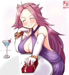 Rule 34 | 1girl, alternate costume, artist logo, box, breast rest, breasts, breasts on table, cleavage cutout, clothing cutout, commentary request, dated, dress, closed eyes, facing viewer, gift, grin, highres, jun&#039;you (kancolle), kanon (kurogane knights), kantai collection, large breasts, long hair, purple dress, purple hair, simple background, smile, solo, spiked hair, table, white background