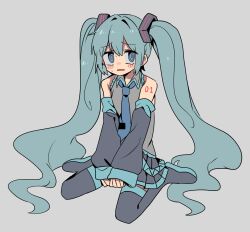 Rule 34 | 1girl, @ @, bare shoulders, blue eyes, blue hair, blush, detached sleeves, facing viewer, grey background, hatsune miku, highres, long hair, long sleeves, necktie, open mouth, ra sii yo, shirt, simple background, single tear, skirt, solo, thighhighs, twintails, very long hair, vocaloid