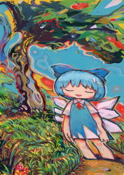 Rule 34 | 1girl, apple, aqua hair, blue bow, blue dress, bow, cirno, collared dress, dress, closed eyes, flower, food, fruit, grass, hair bow, hito (nito563), ice, ice wings, no nose, outdoors, red flower, red neckwear, red ribbon, ribbon, shadow, short hair, short sleeves, smile, solo, standing, surreal, touhou, tree, wide shot, wings