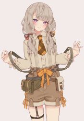 1girl absurdres arm_strap belt belt_pouch belt_ribbon blouse brown_belt brown_shorts collared_shirt cowboy_shot facial_mark garter_straps grey_background grey_hair grey_shirt hair_ribbon highres komori_met komori_met_(6th_costume) long_hair long_sleeves low_twintails necktie orange_necktie parted_bangs plaid_clothes plaid_necktie pouch purple_eyes ribbon shirt shirt_tucked_in shorts simple_background solo suspenders thigh_strap twintails two-tone_necktie virtual_youtuber vspo! zephda