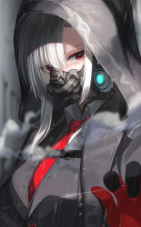 Rule 34 | 1girl, absurdres, black gloves, collared shirt, commentary, english commentary, gas mask, gloves, glowing, grey hair, grey jacket, highres, hood, hood up, hooded jacket, jacket, kfr, long hair, looking at viewer, mask, necktie, original, rain, red gloves, red necktie, shirt, solo, upper body, wet, wet clothes, white shirt