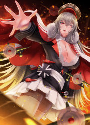 Rule 34 | 1girl, aircraft, airplane, azur lane, black hat, black jacket, bra, bra peek, breasts, cleavage, cross, fire, fuyuki jun, graf zeppelin (azur lane), grey hair, hat, highres, huge breasts, iron cross, jacket, lace, lace-trimmed bra, lace trim, long hair, looking at viewer, military, military uniform, outstretched arm, pantyhose, peaked cap, pleated skirt, red eyes, skirt, solo, thighhighs, underwear, uniform, very long hair, white bra, white skirt
