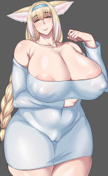 Rule 34 | 1girl, abc.@123, absurdres, alternate breast size, animal ears, areola slip, arknights, arm under breasts, bare shoulders, blonde hair, blush, braid, breasts, cameltoe, cleavage, covered navel, curvy, fox ears, gigantic breasts, green eyes, grey background, hairband, half-closed eyes, highres, huge breasts, impossible clothes, large areolae, long hair, looking at viewer, mature female, nipples, no tail, off-shoulder shirt, off shoulder, aged up, plump, shirt, simple background, single braid, smile, solo, suzuran (arknights), thick thighs, thighs, very long hair