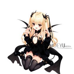 Rule 34 | 1girl, :d, bare shoulders, black dress, black footwear, black thighhighs, black wings, blonde hair, breasts, claw pose, demon girl, demon horns, demon tail, demon wings, dress, fang, full body, hair between eyes, hands up, heart, horns, loading (verjuice), long hair, long sleeves, looking at viewer, nail polish, open mouth, original, puffy long sleeves, puffy sleeves, red eyes, red nails, shoes, sitting, small breasts, smile, solo, tail, thighhighs, transparent background, two side up, very long hair, wariza, wings
