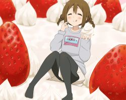 Rule 34 | 1girl, alternate hairstyle, braid, brown hair, cassette tape, closed eyes, food, fruit, hirasawa yui, k-on!, one eye closed, oversized object, pantyhose, shizupu, short hair, solo, strawberry, twin braids, whipped cream