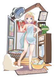 1girl :o ahoge bare_shoulders barefoot basket bathhouse blonde_hair blue_eyes blush bottle collarbone dot_nose drink electric_fan hand_on_own_shoulder highres holding holding_bottle holding_drink light_blush long_hair naked_towel open_mouth original parted_bangs pop_(electromagneticwave) shampoo shampoo_bottle sidelocks simple_background solo standing standing_on_one_leg steam stuffed_kappa stuffed_toy teeth towel upper_teeth_only white_background wooden_floor